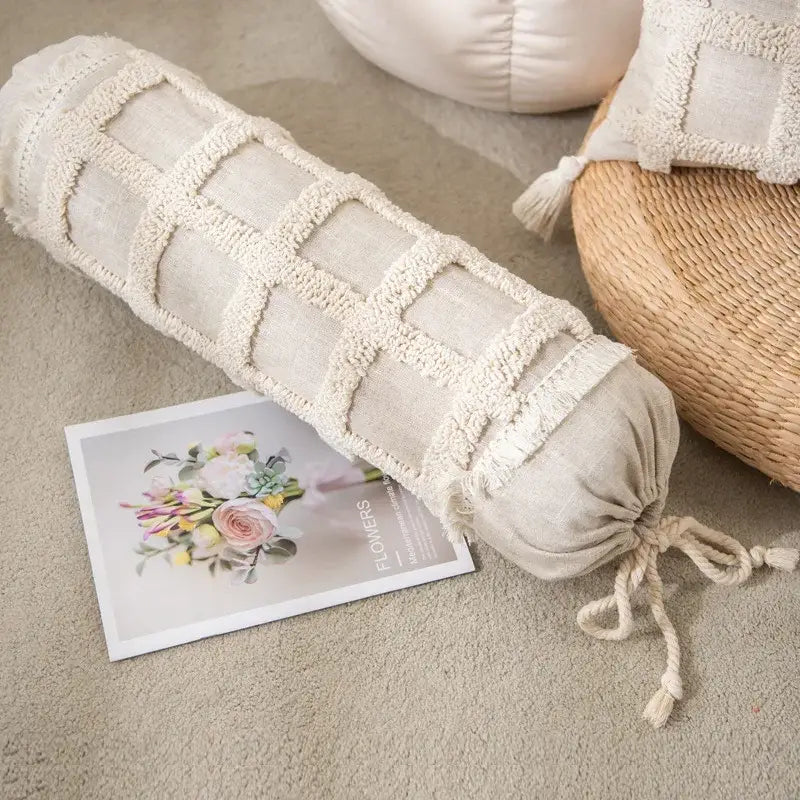 Beige linen bolster pillow cover set with textured grid pattern and frayed edges for boho bedroom decor