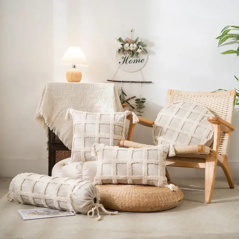 Boho cream textured round lumbar pillow cover set with woven grid pattern and tassel details for bedroom decor