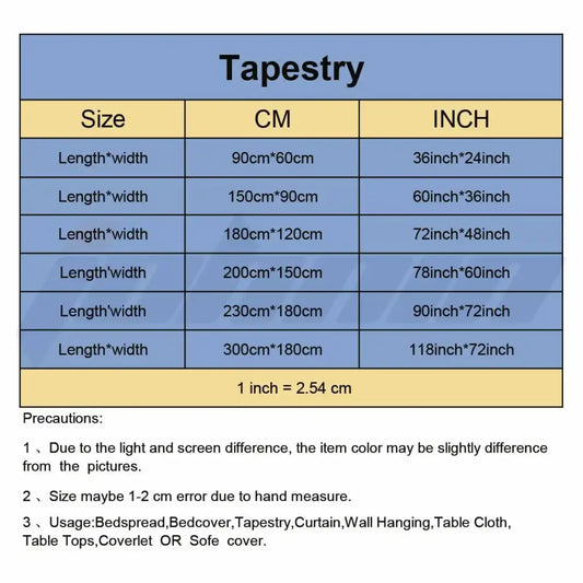 Boho dancing queen tapestry bedspread in vibrant colors with dimensions in cm and inches for decorbites dancing queen use