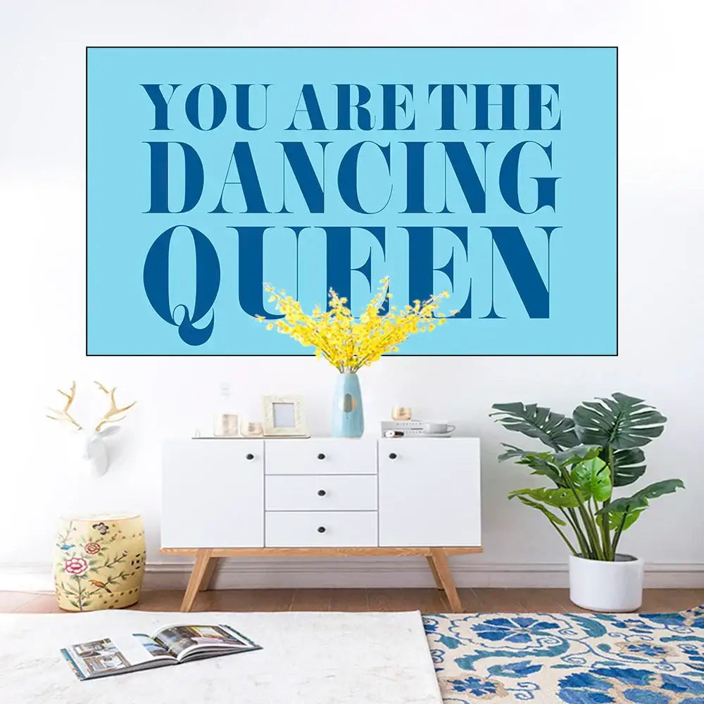 Light blue boho dancing queen tapestry wall hanging with bold dark blue text decorbites dancing queen decor