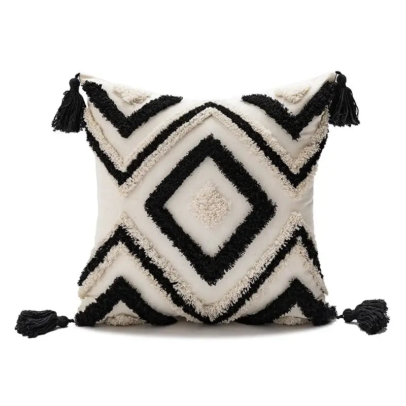 Cream-colored boho diamond pillow with black geometric embroidery and tassels cushion covers for living room decorbites