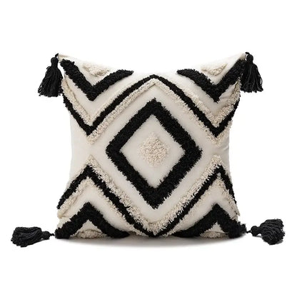 Cream-colored boho diamond pillow with black geometric embroidery and tassels cushion covers for living room decorbites