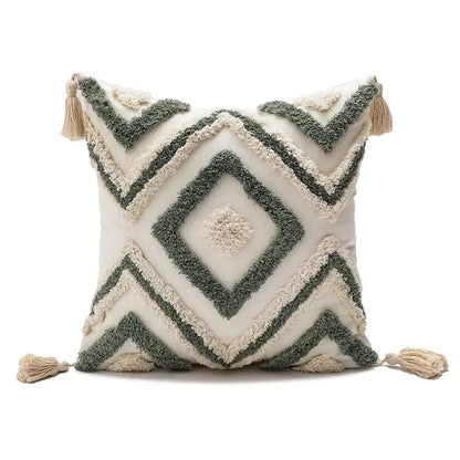 Cream and olive green geometric boho diamond pillow with tassels cushion covers for living room decorbites boho diamond style