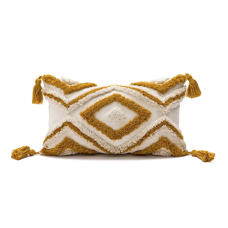 Cream-colored cushion cover with mustard-yellow geometric embroidery and tassels for decorbites boho diamond pillow