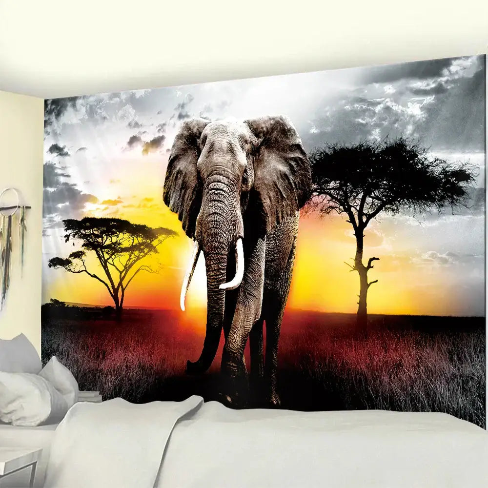 Large boho elephant mandala tapestry with vivid orange and gray sunset hues for living room decorbites wall art
