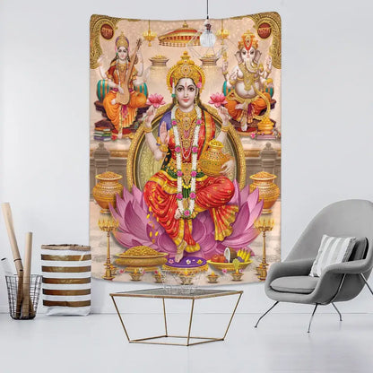 Vibrant boho elephant mandala tapestry featuring goddess lakshmi in purple and gold for decorbites boho elephant bedroom decor