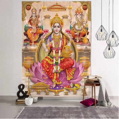 Vibrant red and gold embroidered boho elephant mandala tapestry featuring goddess lakshmi with ganesha and saraswati decorbites boho elephant