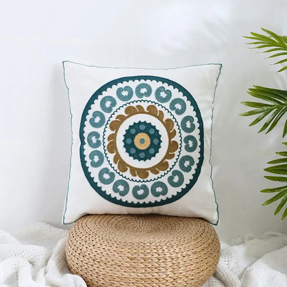 White square pillow cover with intricate teal gold and dark green embroidered mandala for decorbites boho farmhouse floral decor