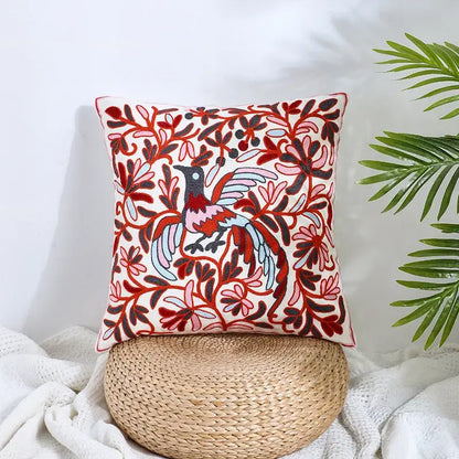Square off-white pillow cover with colorful bird embroidery and floral patterns for decorbites boho farmhouse floral decor