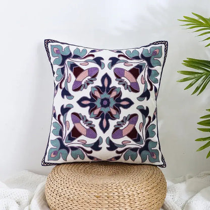 Boho farmhouse floral cream embroidered pillow covers with purple teal and pink floral patterns for living room decorbites