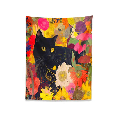 Boho floral black cat print poster featuring a vibrant cat print with golden eyed black cat among colorful blossoms for wall art