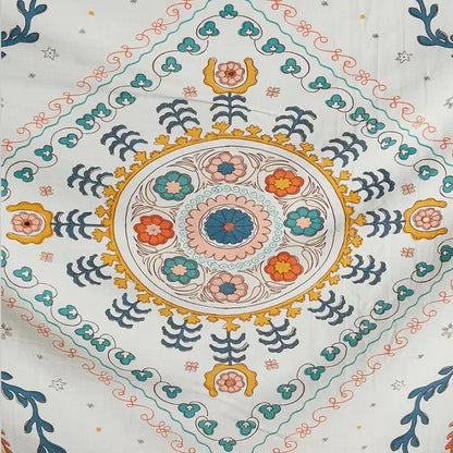 White fabric scarf with vibrant teal orange and gold floral mandala design for decorbites boho floral wall tapestry