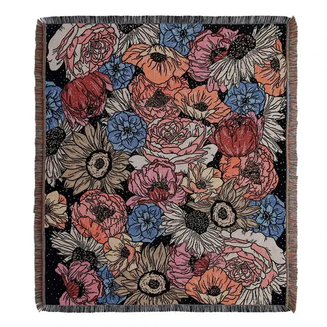 Boho floral cotton floral cotton blanket with vibrant navy blue and orange blossoms and fringed edges for decorbites living room throw
