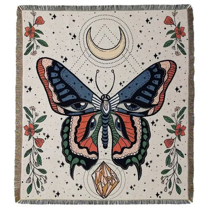 A cream-colored boho floral cotton blanket with a detailed butterfly and floral motifs for living room decorbites decor