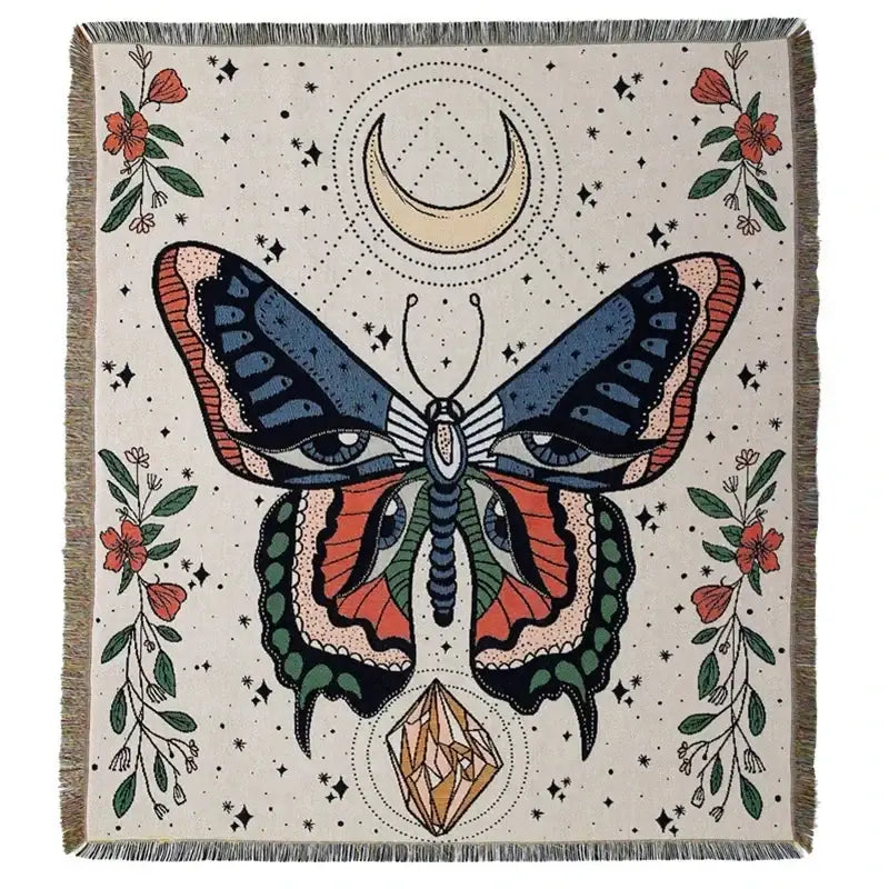A cream-colored boho floral cotton blanket with a detailed butterfly and floral motifs for living room decorbites decor