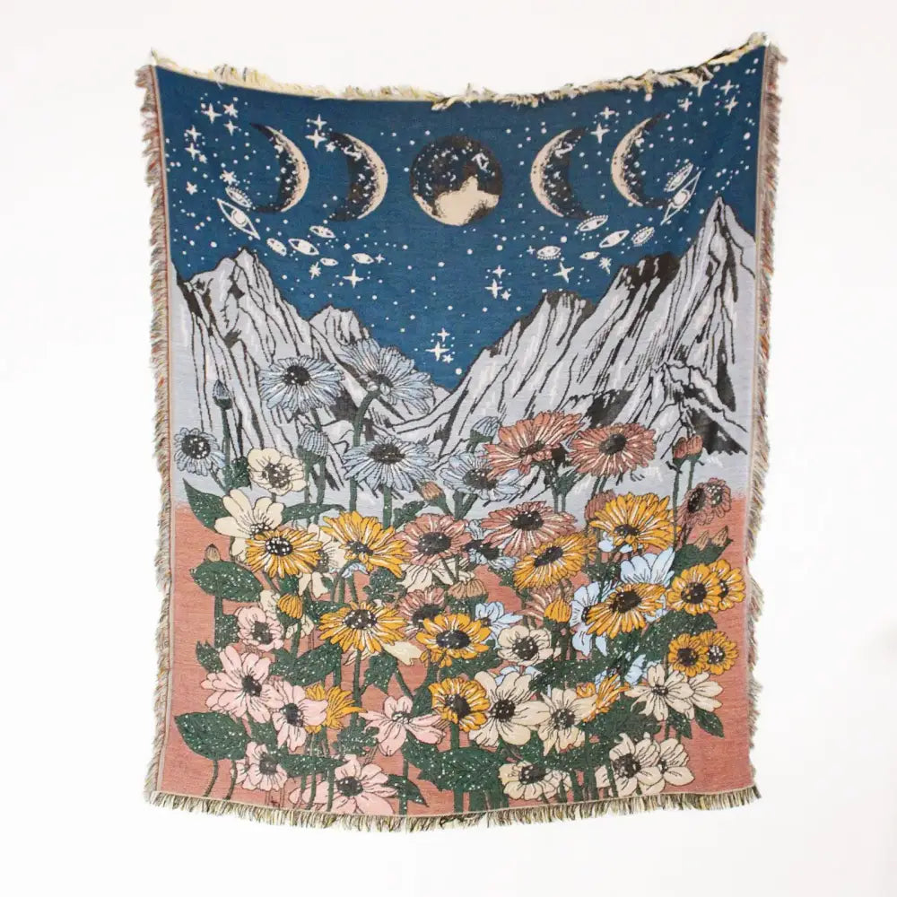 Boho floral cotton blanket navy blue and orange with celestial moons and vibrant sunflower decorbites boho floral throw