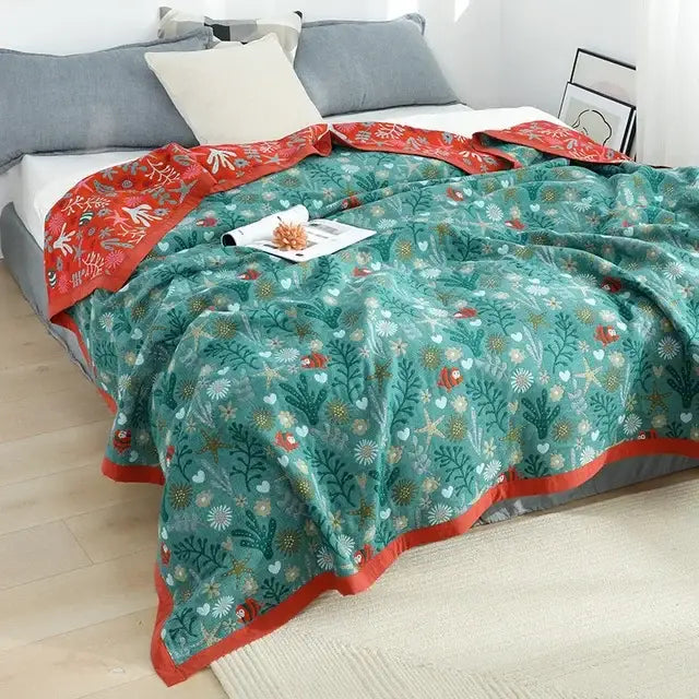 Teal and red floral-patterned cotton gauze leisure blanket with soft cozy texture for boho decorbites bedroom quilt
