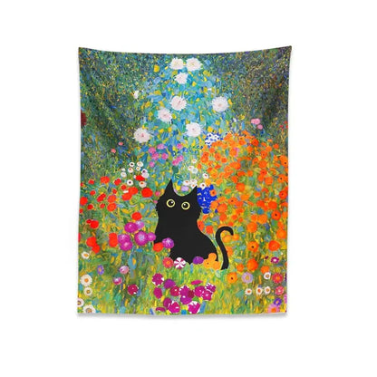 Boho floral garden cat tapestry wall hanging featuring a black cat with yellow eyes amidst colorful blossoms for decorbites garden cat decor