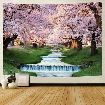 Boho forest waterfall art tapestry featuring a scenic pathway with pink cherry blossoms printed on fabric for living room decorbites forest waterfall wall hanging