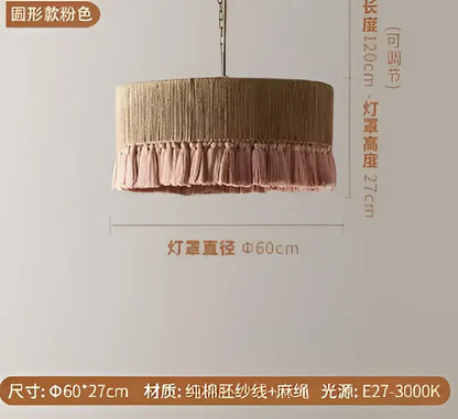 Boho fringe hemp rope pendant light with natural beige woven cotton texture and soft pink tassels for living room decorbites boho fringe