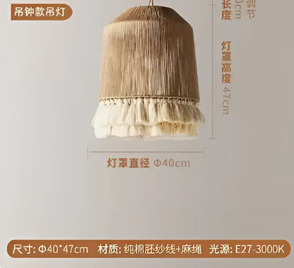 Beige woven pendant light with cotton thread tassels and fringed hemp rope bottom for decorbites boho fringe style