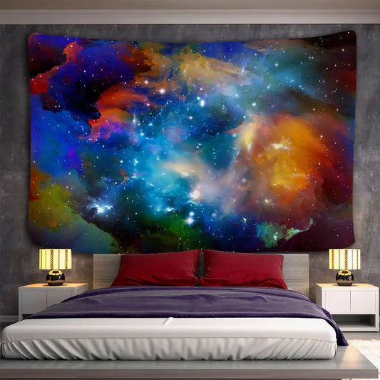 Vibrant boho galaxy psychedelic space tapestry with swirling blues purples oranges and greens for bedroom decorbites decor