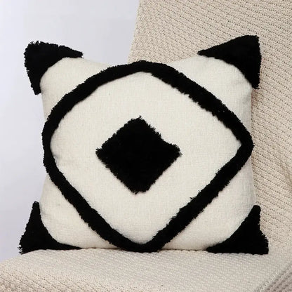 Black and cream geometric chenille embroidered pillow covers with fringed accents for boho living room decorbites decor