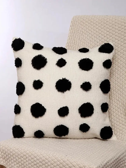 Cream-colored pillow cover with black pom-pom polka dots boho geometric chenille embroidered decorbites set