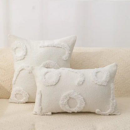 Cream-colored rectangular pillow cover with textured fringed circular appliqués boho geometric chenille embroidered decorbites