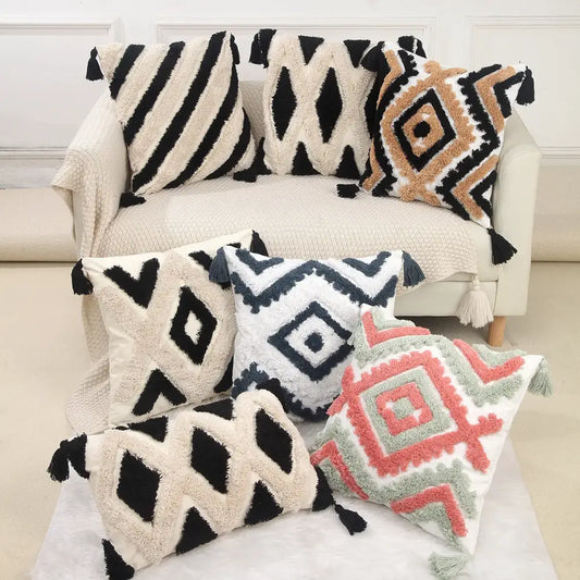 Set of six boho geometric chenille embroidered pillow covers with tassels in black white beige navy coral and sage green for decorbites