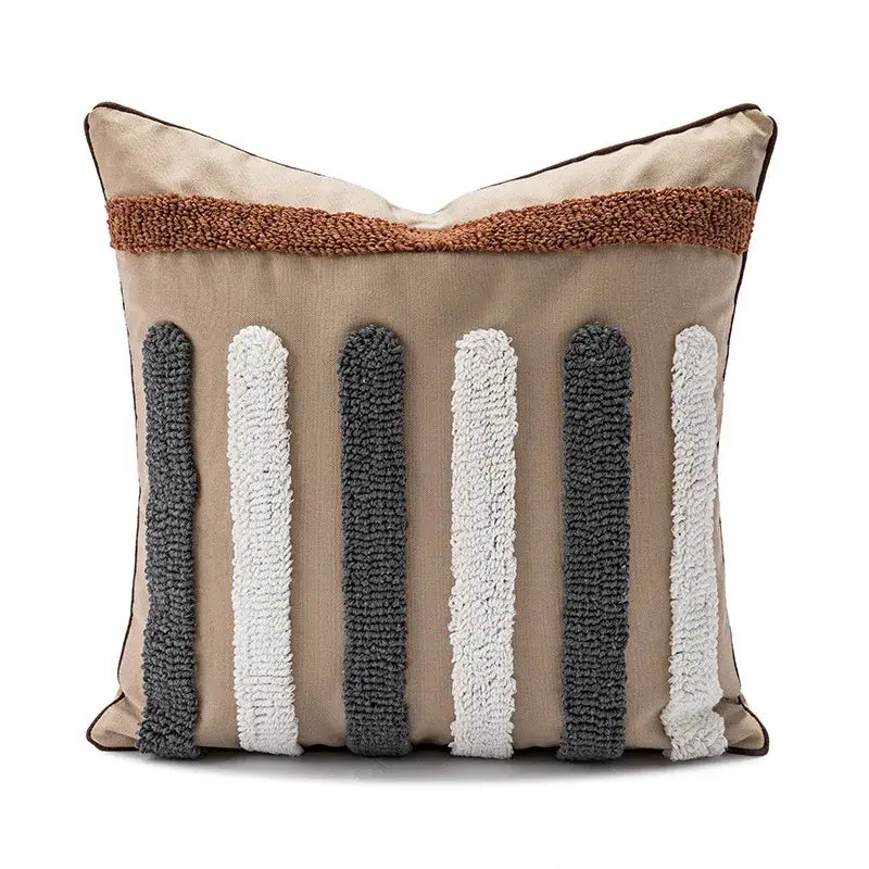 Beige cushion cover with gray and white textured vertical stripes and brown fuzzy band for decorbites geometric embroidery boho decor