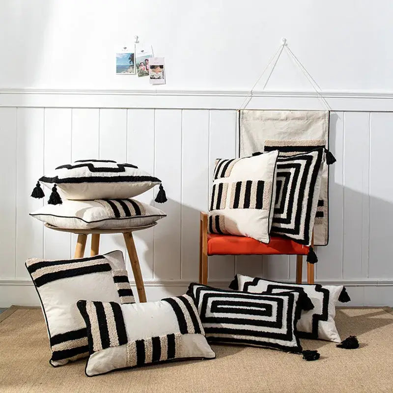 Boho geometric tufted black and cream cushion cover with tassel trim for living room decorbites decorbites boho geometric decor