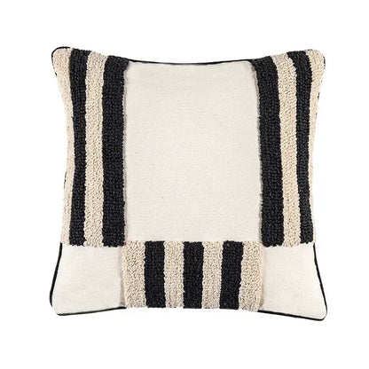 Black and cream striped textured throw pillow with chunky handcrafted knit boho geometric tufted cushion cover decorbites
