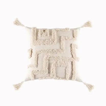 Cream-colored boho geometric tufted cushion cover with textured pattern and tassels for living room decorbites decor