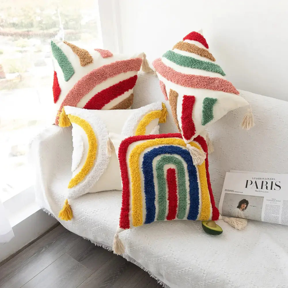 Rainbow-patterned plush cushion cover with boho geometric tufted stripes and tassels for living room decorbites boho geometric use