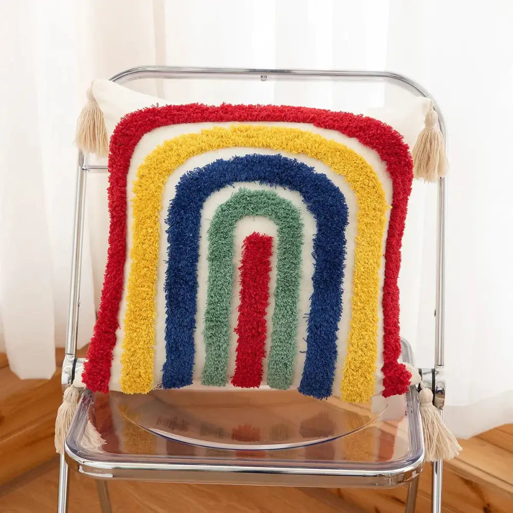 Colorful plush rainbow-patterned decorbites boho geometric tufted cushion cover with tassels for living room decor