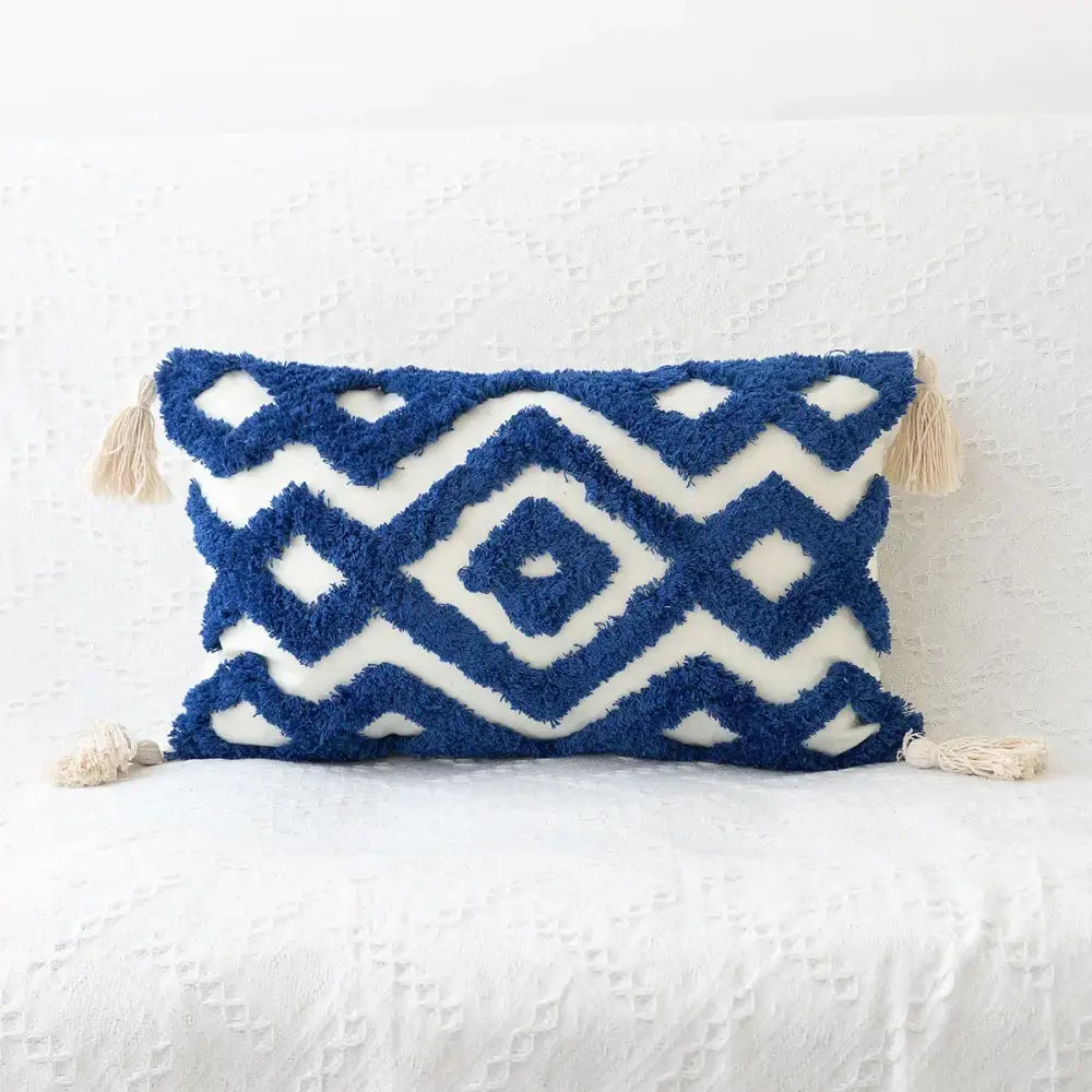 Blue and white boho geometric tufted cushion cover with fluffy tassels for living room decorbites boho geometric decor