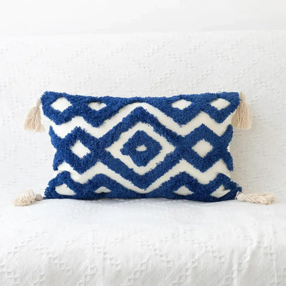 Blue and white boho geometric tufted cushion cover with fluffy tassels for living room decorbites boho geometric decor
