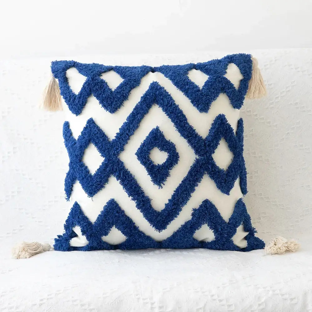 Blue and white boho geometric tufted cushion cover with fluffy tassels for living room decorbites boho geometric pillow case