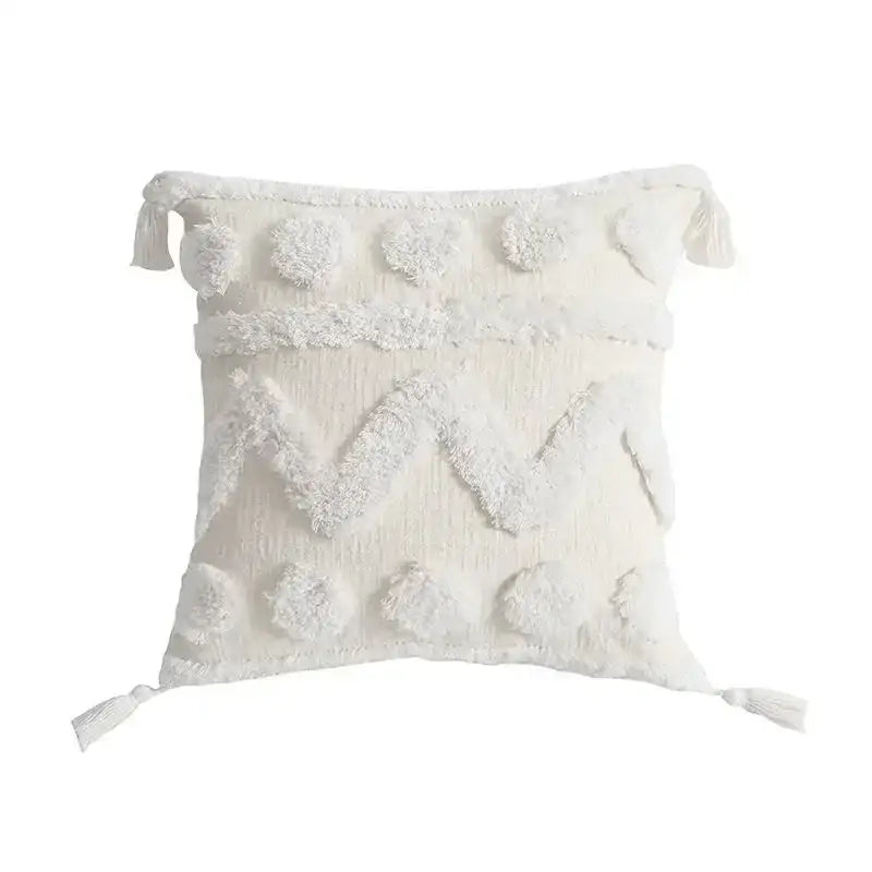Off-white textured boho geometric tufted pillow cover with fluffy pom-poms and tassels cushion cover decorbites set of 4