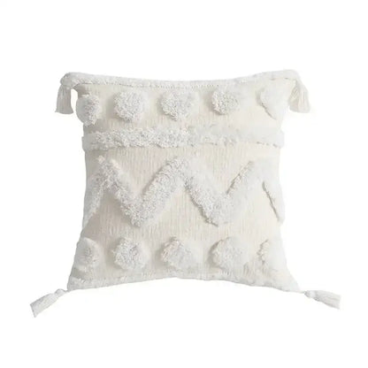 Off-white textured boho geometric tufted pillow cover with fluffy pom-poms and tassels cushion cover decorbites set of 4