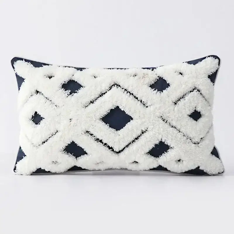 Boho geometric tufted pillow cover with white and navy blue plush diamond pattern for living room decorbites cushion cover set