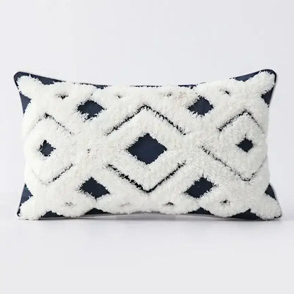 Boho geometric tufted pillow cover with white and navy blue plush diamond pattern for living room decorbites cushion cover set