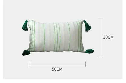 Boho geometric tufted pillow cover with vertical light green stripes on white fabric and dark green tassels for living room decorbites cushion cover set of 4