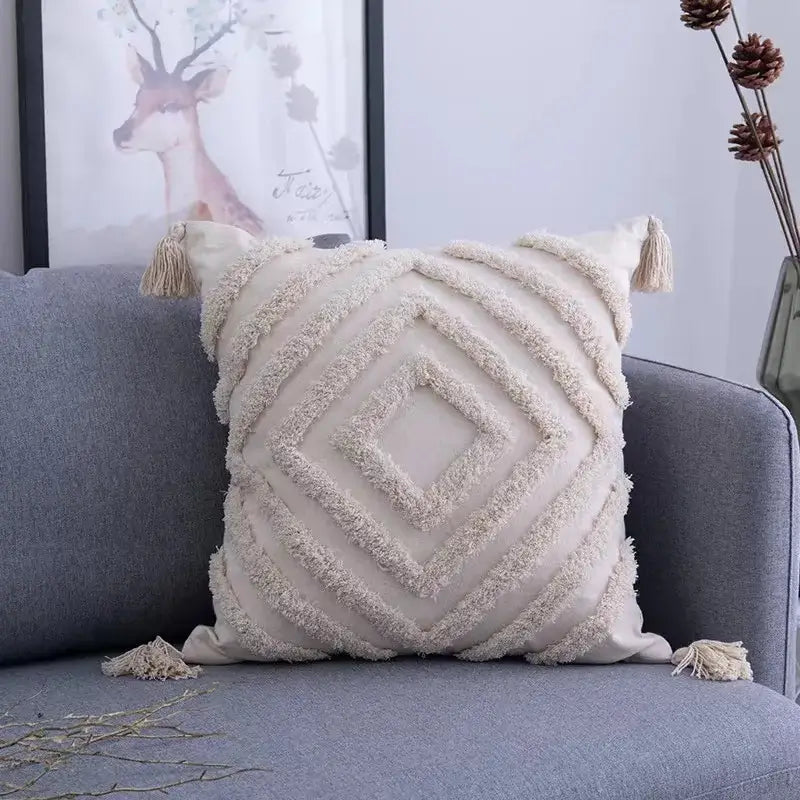 Beige textured pillow cover with diamond-shaped fringe pattern and tassels decorbites geometric tufted cushion cover set of 4