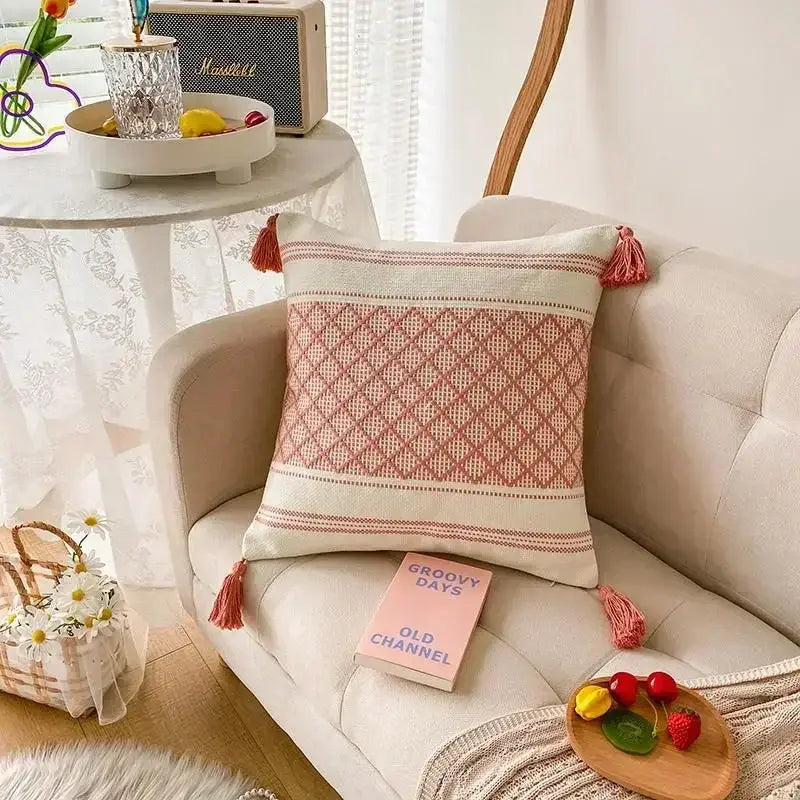Beige boho geometric tufted cushion cover with pink embroidery and tassels for living room pillow cover set of 4