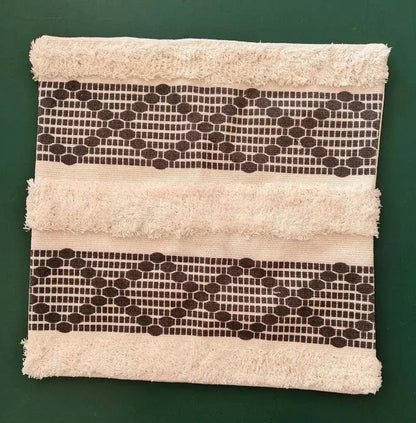 Beige boho geometric tufted pillow cover with frayed edges and dark brown patterned stripes for living room decorbites set of 4