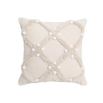 Beige boho geometric tufted pillow cover with textured frayed crosshatch pattern and white pom-pom accents for living room decorbites cushion cover set