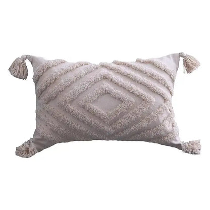 Beige boho geometric tufted pillow cover with textured diamond pattern and tassels for living room decorbites cushion cover