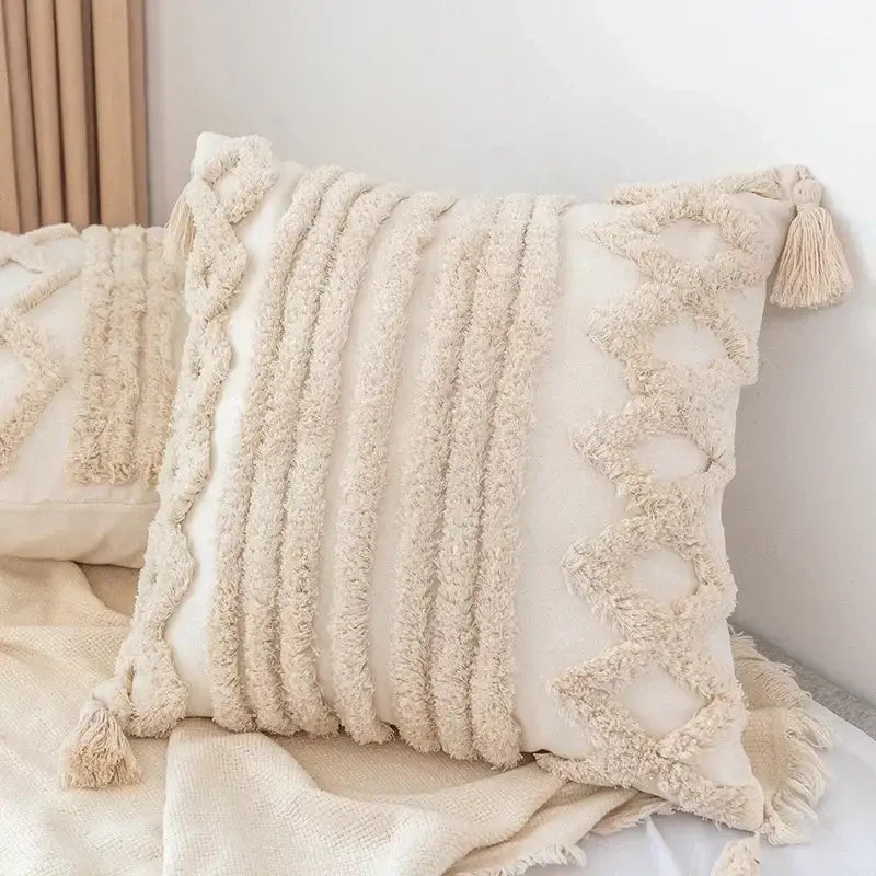 Cream-colored boho geometric tufted pillow cover with textured fringed tassels and woven rope accents for living room decorbites cushion cover set of 4